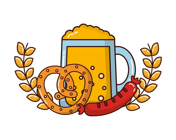 Bierglasgetränk mit Brezel und Wurst in der Krone — Stockvektor