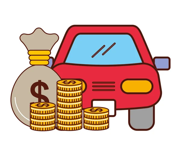 Üzleti pénz zsák érmék autós jármű — Stock Vector
