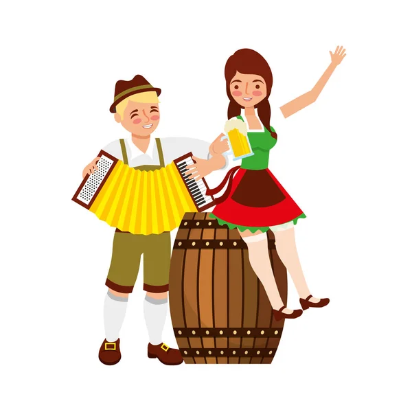 Homem e mulher bávaros com acordeão e barril de cerveja — Vetor de Stock