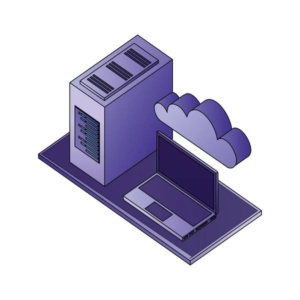 Computer portatile cpu tower cloud storage dati di rete — Vettoriale Stock