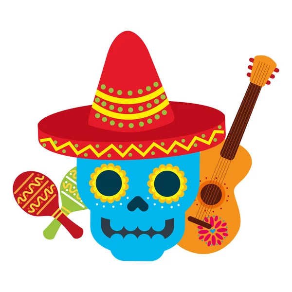 Calavera mexicana con sombrero guitarra y maracas — Vector de stock