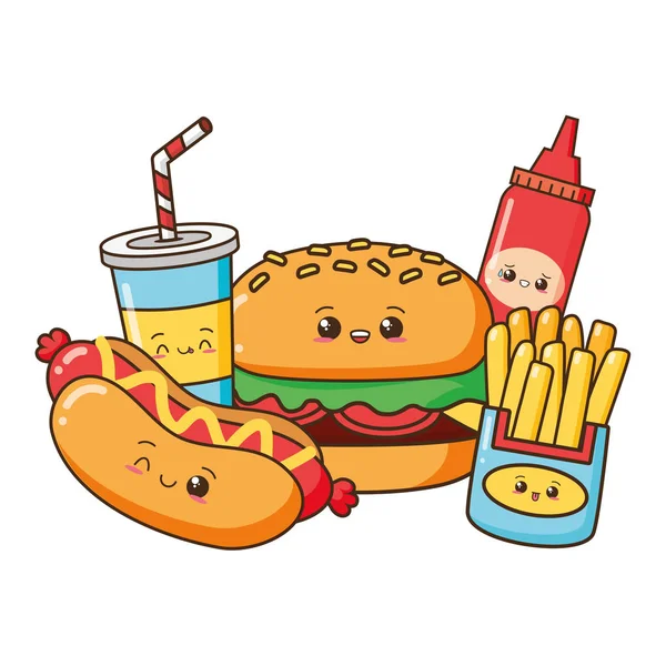 Kawaii dos desenhos animados Fast Food — Vetor de Stock