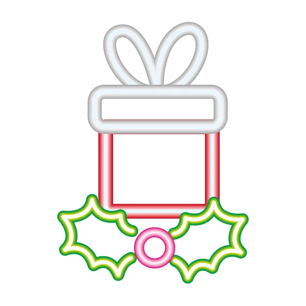 Caja de regalo de neón sorpresa hojas feliz Navidad — Vector de stock