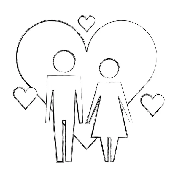 Pictogramme amour couple personnages coeurs — Image vectorielle