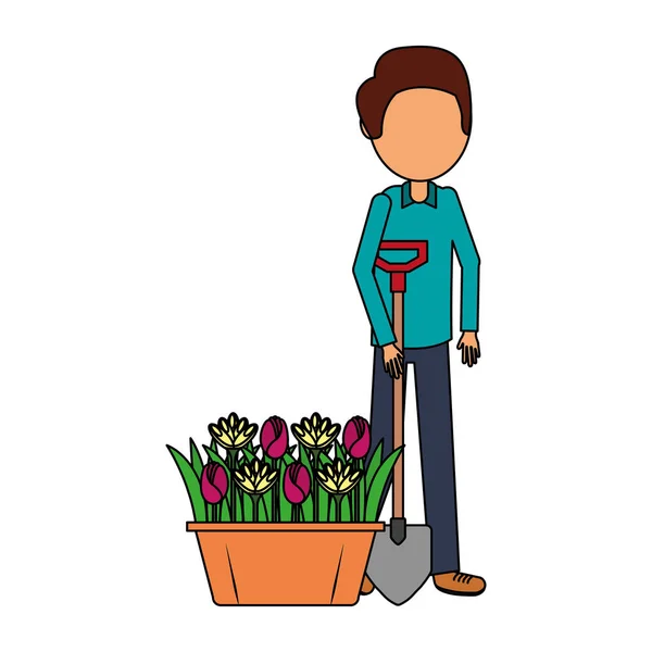 Садівник чоловік з лопатою і квітами садівництво — стоковий вектор