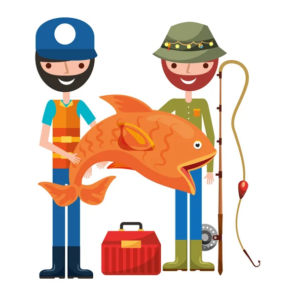 Equipe de pescadores com cana e caixa de peixe — Vetor de Stock
