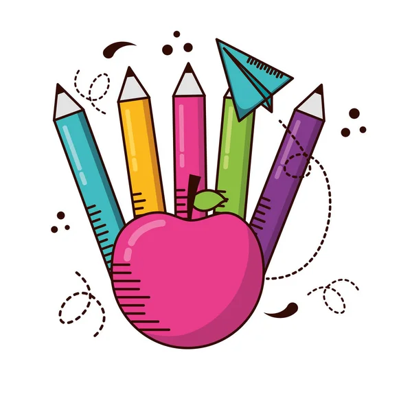 Lápices de color manzana útiles escolares — Archivo Imágenes Vectoriales