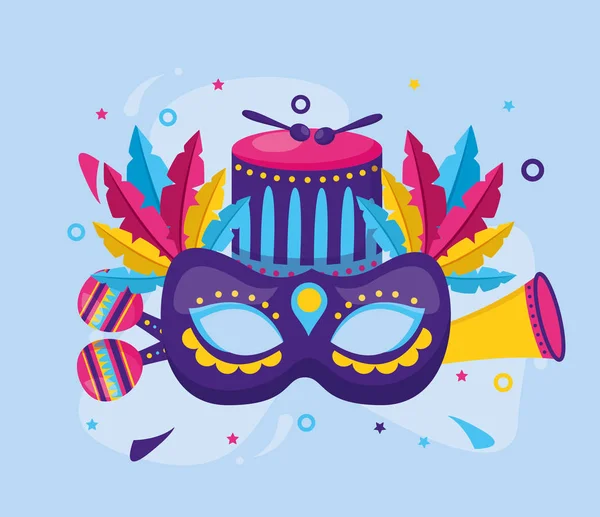Carnaval máscara tambor penas —  Vetores de Stock