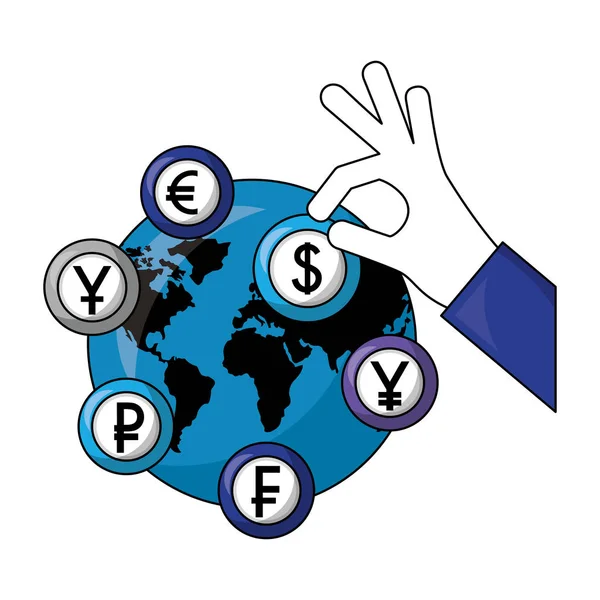 Hand mit Kryptomünzen und isometrischem Symbol des Planeten Erde — Stockvektor
