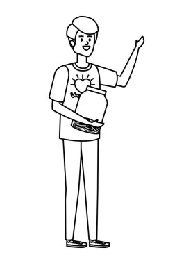 Gönüllü genç adam kavanozda madeni para bağışlıyor.