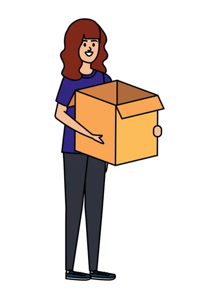 Красива молода жінка піднімає коробку коробки — стоковий вектор