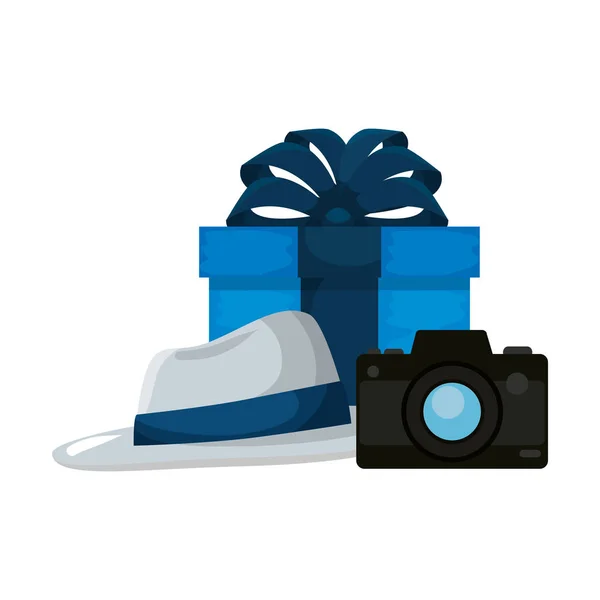 Caja de regalo y cámara con sombrero elegante — Archivo Imágenes Vectoriales