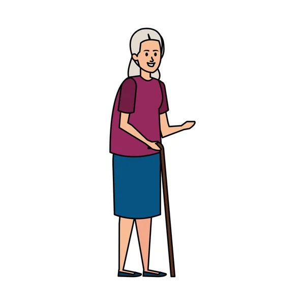 Idős nő bottal karakter — Stock Vector