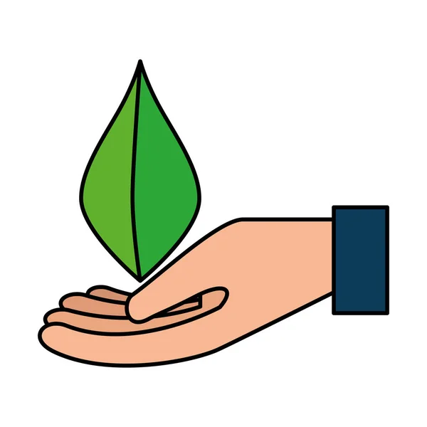 Mão com folha de ecologia ícone planta — Vetor de Stock