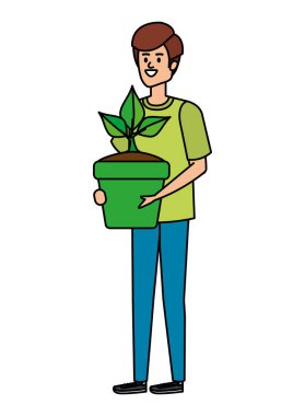 Genç adam saksıda saksı kaldırıyor.