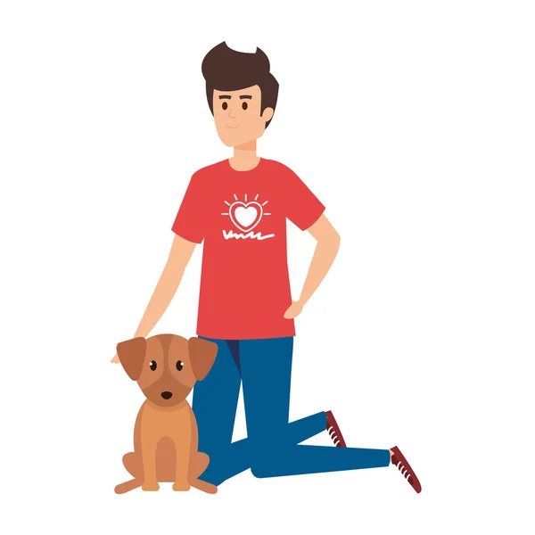 Young man volunteer with cute dog — 스톡 벡터