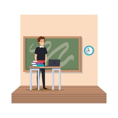 dizüstü bilgisayar ve kitap sınıf sahnesi ile masada öğretmen
