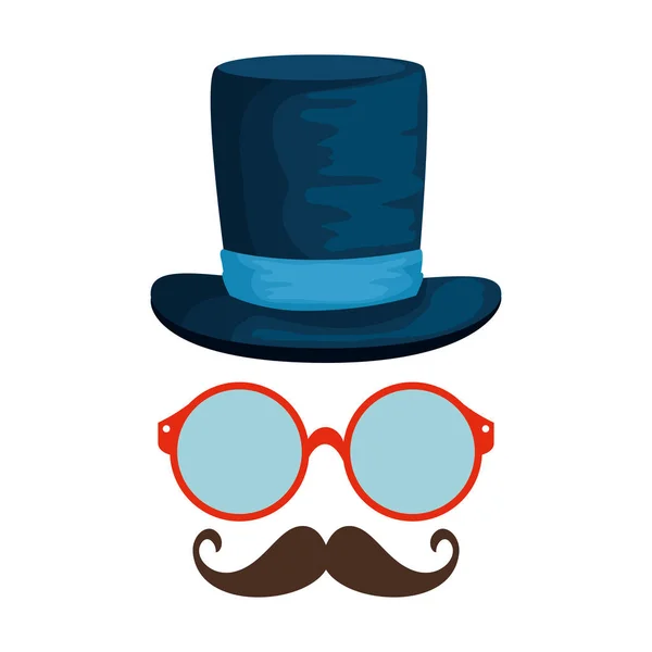 Occhiali e baffi con tophat stile hipster — Vettoriale Stock