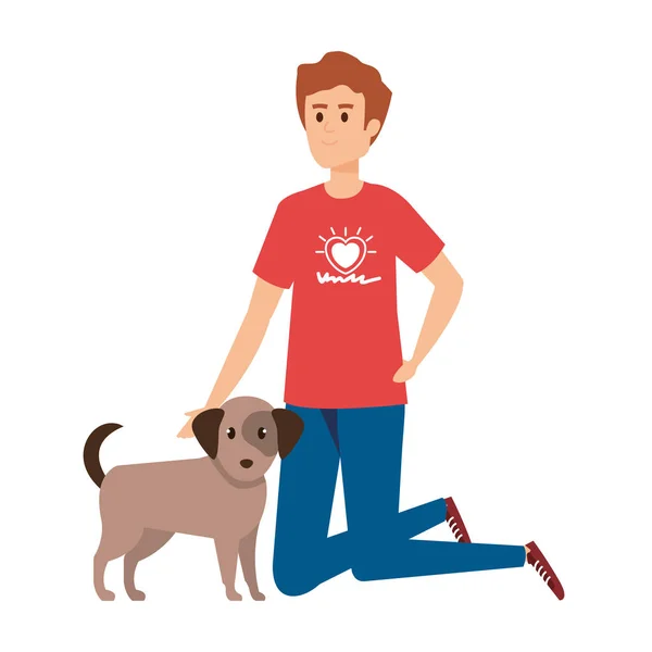 Молодий чоловік доброволець з милою собакою — стоковий вектор