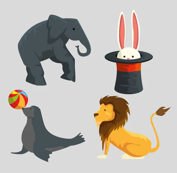 Elefante set com coelho dentro chapéu e selo com leão animais selvagens — Vetor de Stock