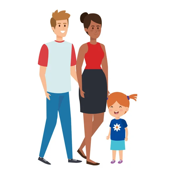 Interracial padres pareja con hija caracteres — Vector de stock