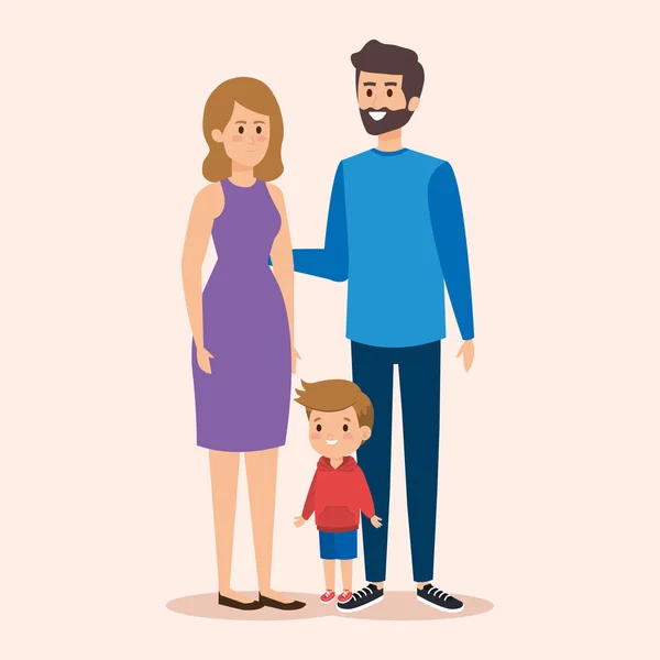 Linda mujer y hombre con su hijo y peinado — Vector de stock