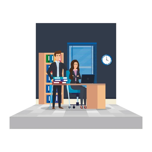 Pareja de negocios en la escena de oficina — Vector de stock