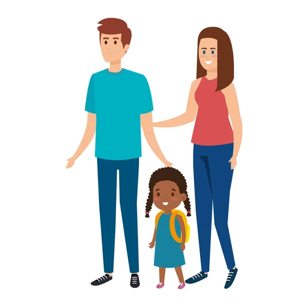 Interracial parents couple with daughter characters — Stock Vector