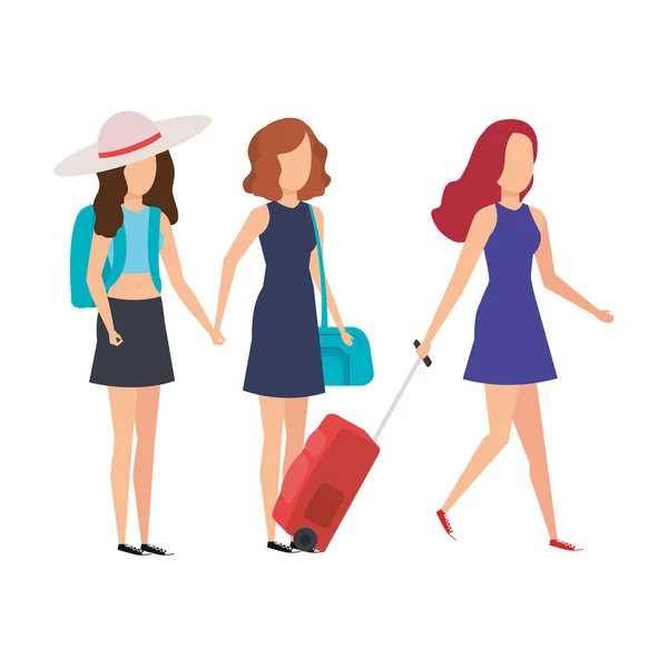 Hermosas turistas chicas con maletas personajes — Vector de stock