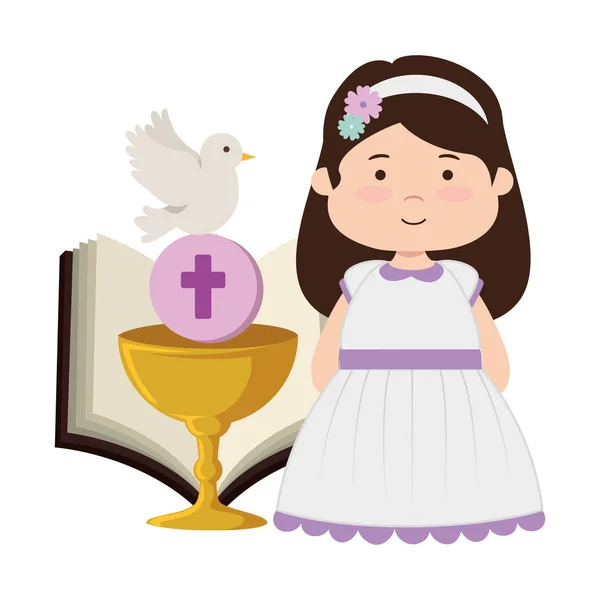Malá holčička s biblickou a kališním prvním komunikátem — Stockový vektor