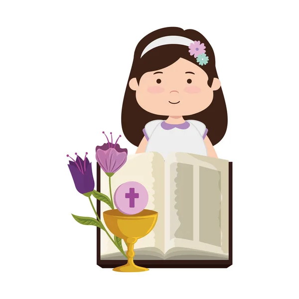 Little girl with bible and flowers first communion — Stock Vector
