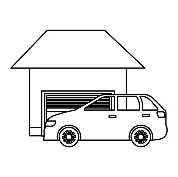 Auto Sedan voertuig met garage gebouw — Stockvector