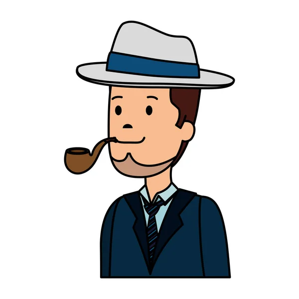Gentleman with elegant hat and pipe wooden — Stock Vector