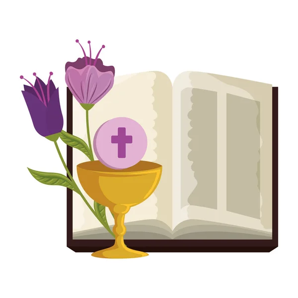 Sfânta Biblie cu potir şi flori — Vector de stoc