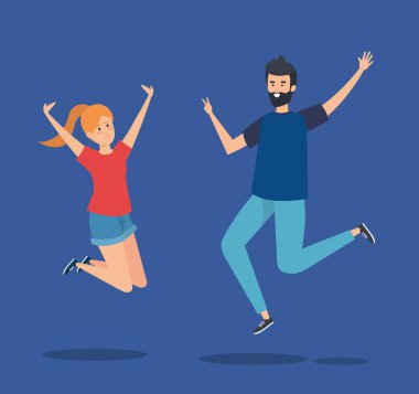 mutlu kız ve erkek elleri yukarı ile jumpin