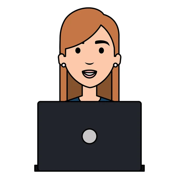 Mulher bonita com caráter avatar laptop —  Vetores de Stock