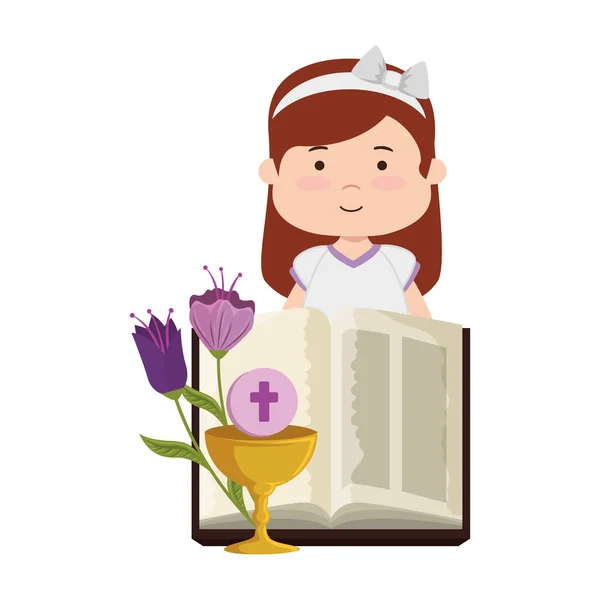 Niña con biblia y flores primera comunión — Archivo Imágenes Vectoriales