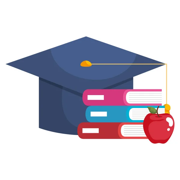 Книжкова шкільна купа з випускним капелюхом та яблуком — стоковий вектор