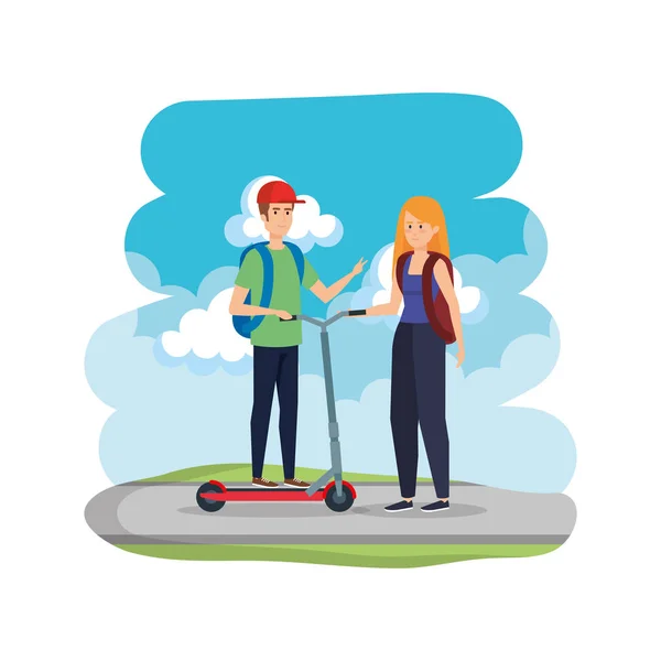 Young couple in folding scooter on road — Stock Vector