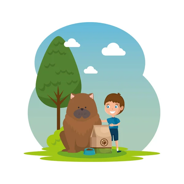 可爱的小男孩与狗和食物袋在景观 — 图库矢量图片