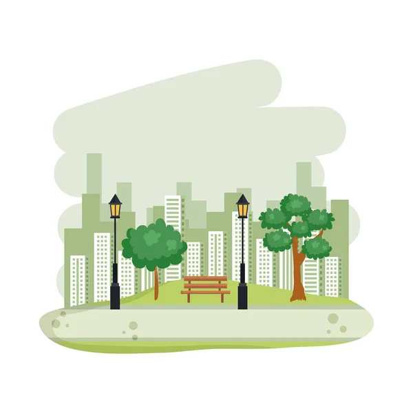 Árbol en los edificios del parque horizonte — Vector de stock