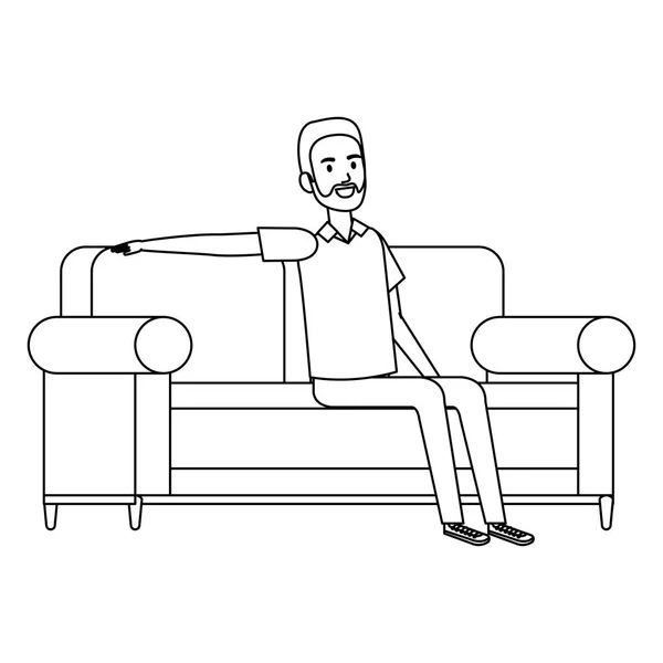 Młody człowiek z brodą siedzi na kanapie — Wektor stockowy