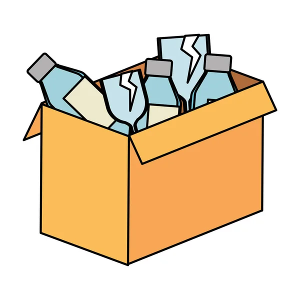Caja de cartón con botellas de vidrio — Vector de stock