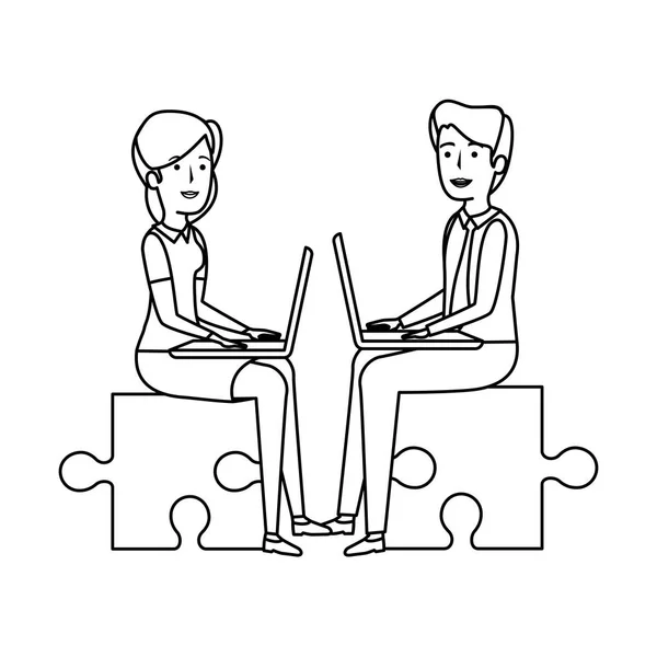 Couple d'affaires assis en pièce de puzzle avec ordinateur portable — Image vectorielle