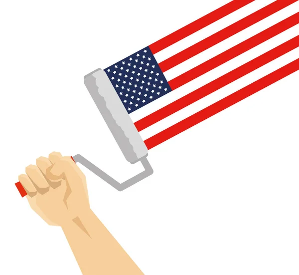 Hand met behulp van Paint roller schilderen USA vlag — Stockvector