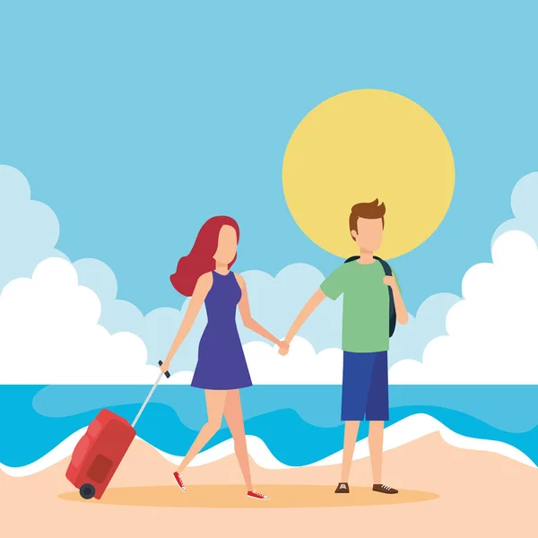 Молода пара з валізою на пляжі — стоковий вектор