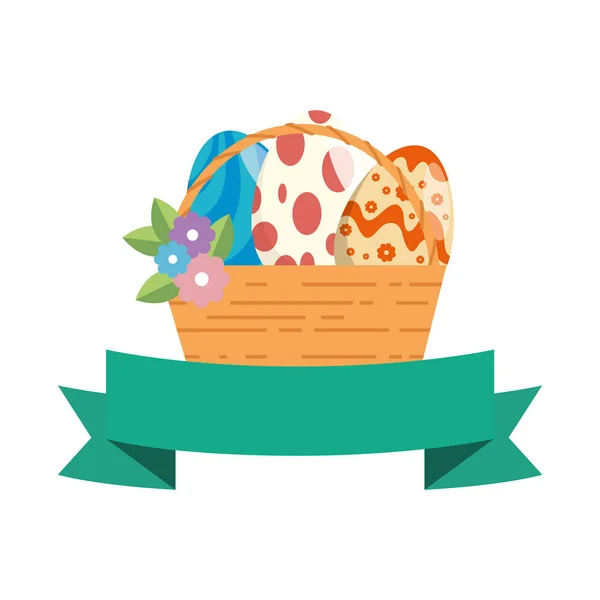 Uova di Pasqua dipinte in cesto con festeggiamenti a nastro — Vettoriale Stock