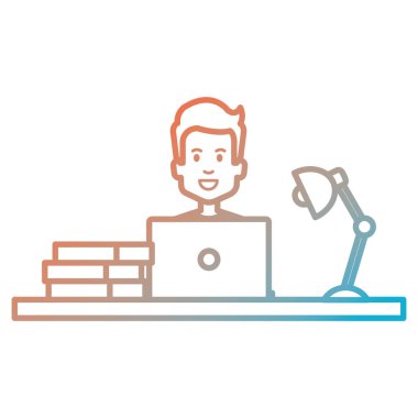 adam kitap ve lamba ile laptop kullanarak