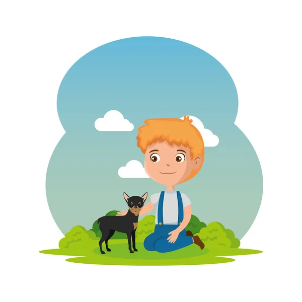 Lindo niño con perro en el paisaje — Vector de stock