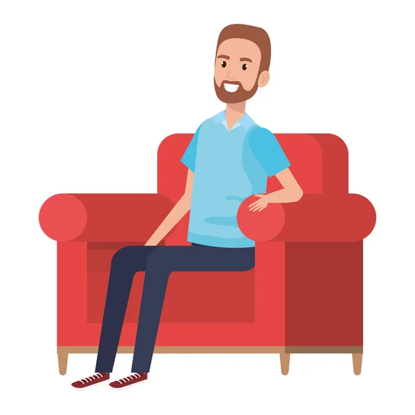 Young man with beard sitting in sofa — Stock Vector